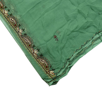 Indian Vintage Green Dupatta Pure Chiffon silk Long Stole Hand Embroidered Scarves Floral Design Stole Veil Wrap Zari Zardozi