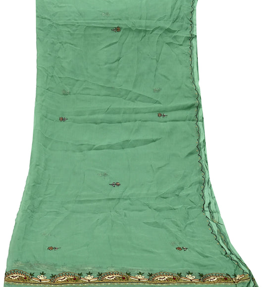 Indian Vintage Green Dupatta Pure Chiffon silk Long Stole Hand Embroidered Scarves Floral Design Stole Veil Wrap Zari Zardozi