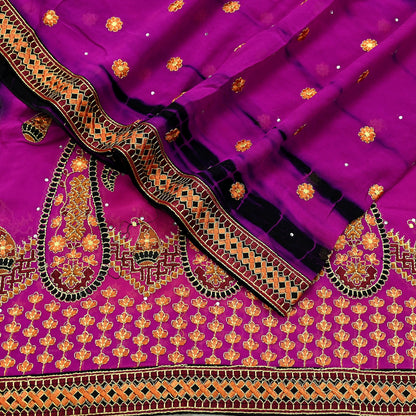Indian Vintage Dupatta Purple & Black Pure Georgette silk Long Stole Embroidered Tie-Dye Scarves Stole Veil Wrap Sequins Zari