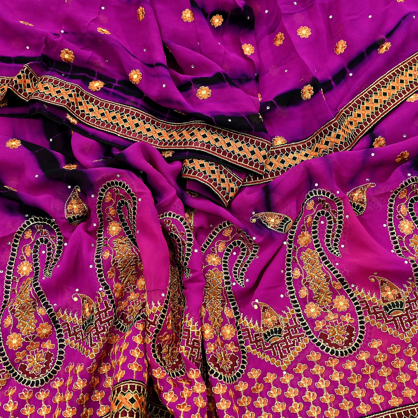Indian Vintage Dupatta Purple & Black Pure Georgette silk Long Stole Embroidered Tie-Dye Scarves Stole Veil Wrap Sequins Zari