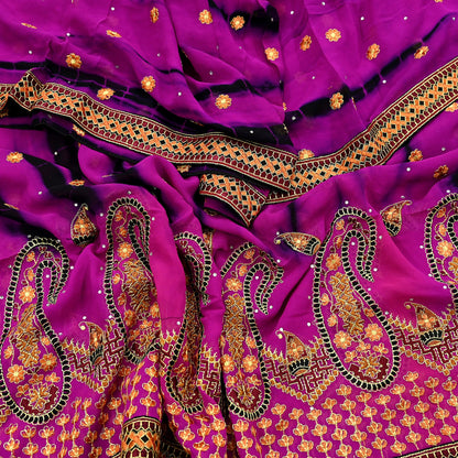 Indian Vintage Dupatta Purple & Black Pure Georgette silk Long Stole Embroidered Tie-Dye Scarves Stole Veil Wrap Sequins Zari