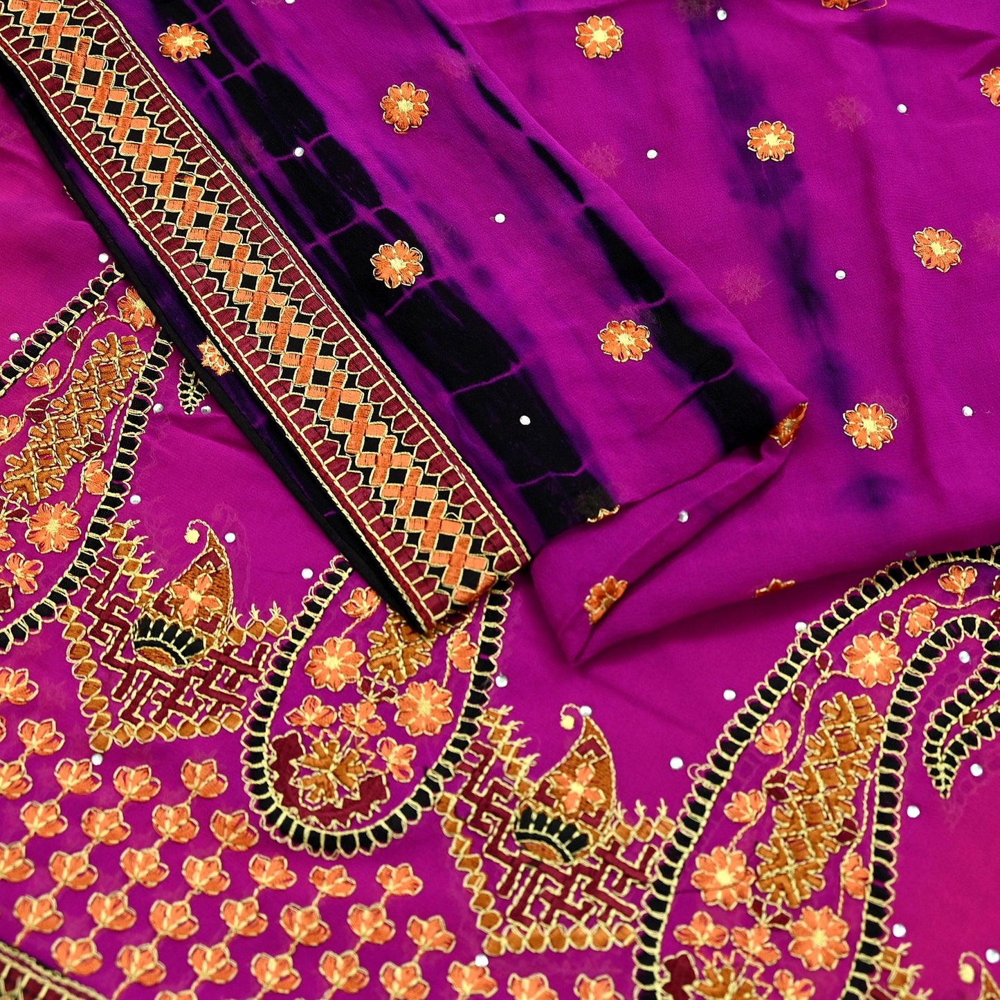 Indian Vintage Dupatta Purple & Black Pure Georgette silk Long Stole Embroidered Tie-Dye Scarves Stole Veil Wrap Sequins Zari