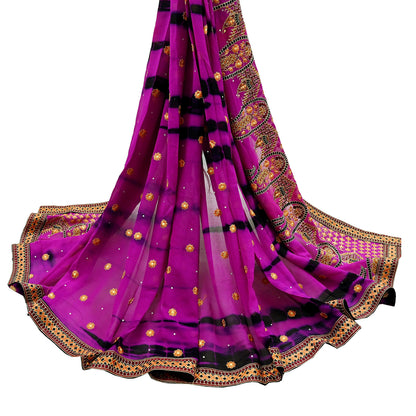 Indian Vintage Dupatta Purple & Black Pure Georgette silk Long Stole Embroidered Tie-Dye Scarves Stole Veil Wrap Sequins Zari