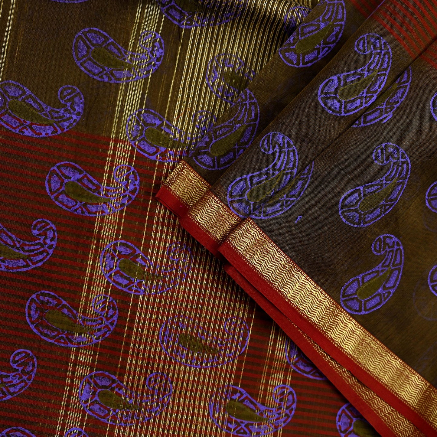 Indian Vintage Dupatta Long Stole Woven Block Painted Pure Chanderi Silk Indian Scarves Veil Golden Zari Floral Design For her