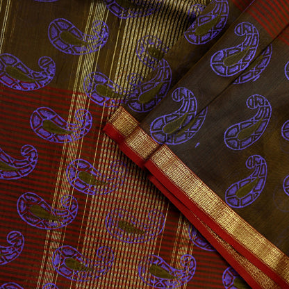 Indian Vintage Dupatta Long Stole Woven Block Painted Pure Chanderi Silk Indian Scarves Veil Golden Zari Floral Design For her
