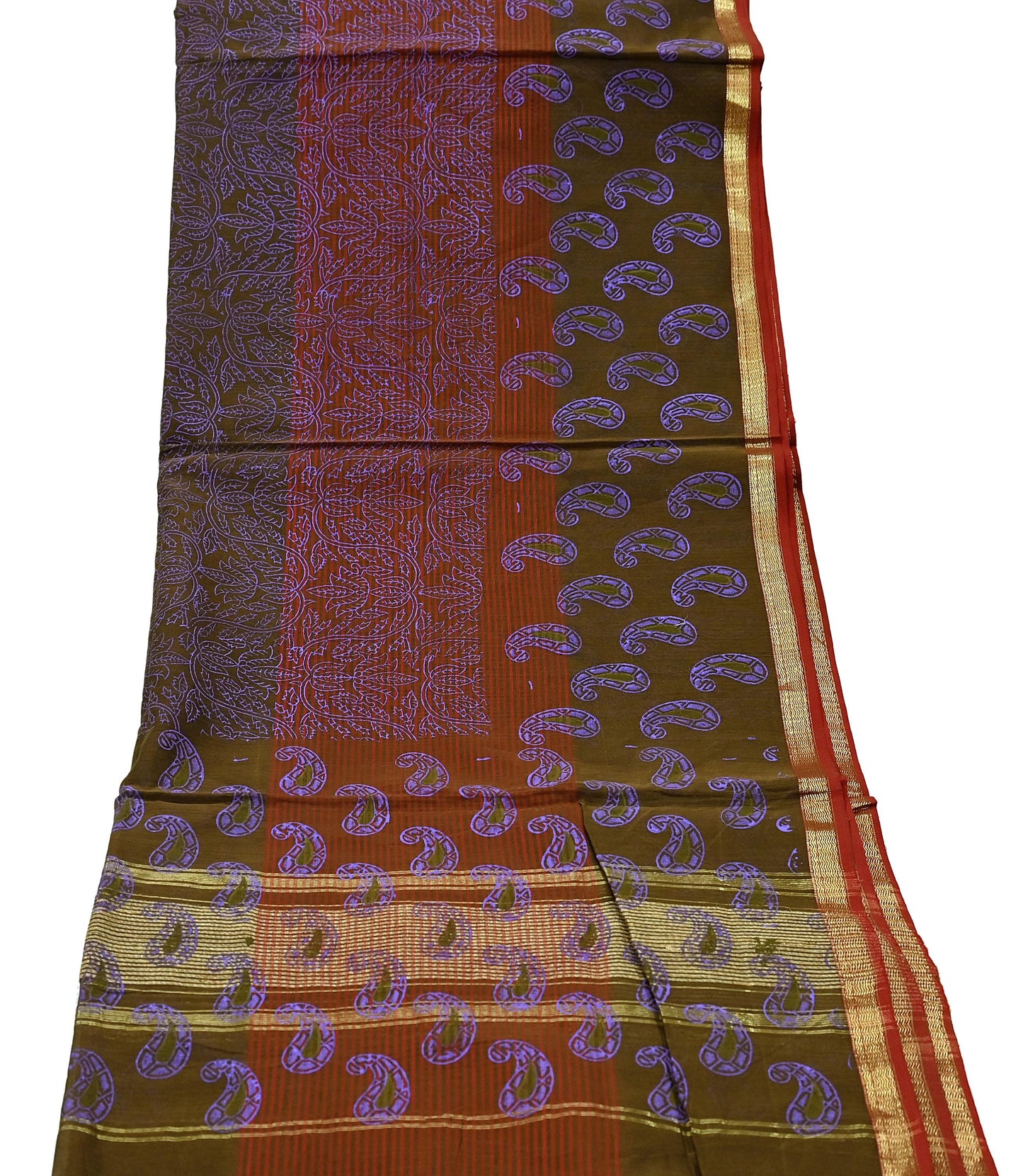 Indian Vintage Dupatta Long Stole Woven Block Painted Pure Chanderi Silk Indian Scarves Veil Golden Zari Floral Design For her