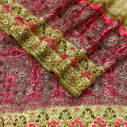 Indian Vintage Dupatta Beige & Pink Pure Georgette silk Long Stole Embroidered Scarves Stole Veil Wrap Sequins Zari