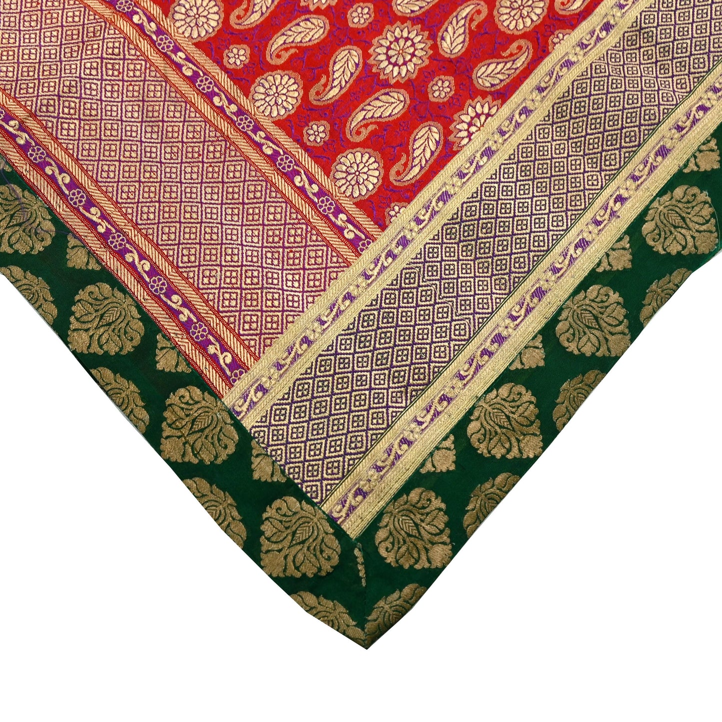 Indian Vintage Red & Green Dupatta Long Stole Pure Satin silk Woven Brocade Banarasi Scarves Veil Scarf Wrap Hippie Boho Soft Floral Zari