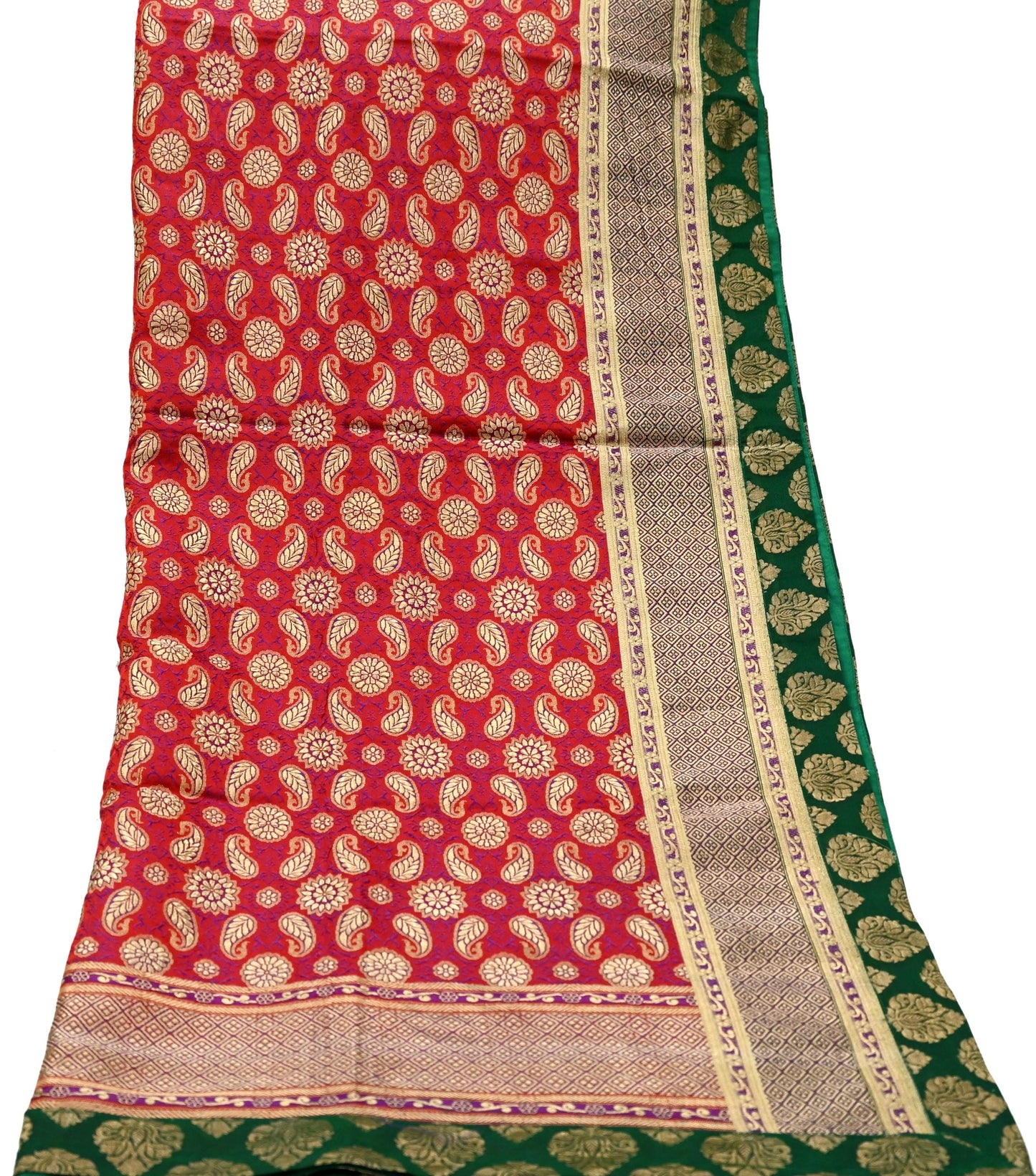 Indian Vintage Red & Green Dupatta Long Stole Pure Satin silk Woven Brocade Banarasi Scarves Veil Scarf Wrap Hippie Boho Soft Floral Zari