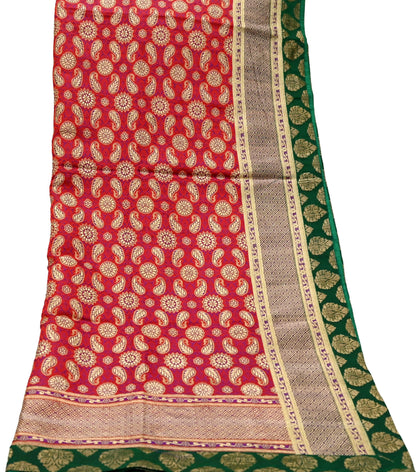 Indian Vintage Red & Green Dupatta Long Stole Pure Satin silk Woven Brocade Banarasi Scarves Veil Scarf Wrap Hippie Boho Soft Floral Zari