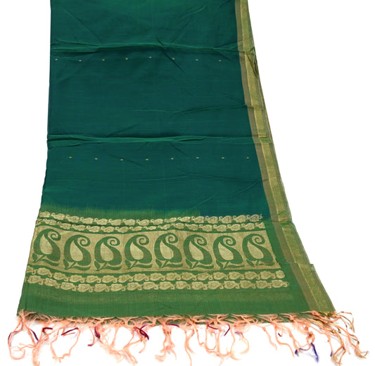 Indian Vintage Dupatta Green Long Stole Printed Woven Pure Chanderi Silk Indian Scarves Veil Golden Zari Soft Fringes