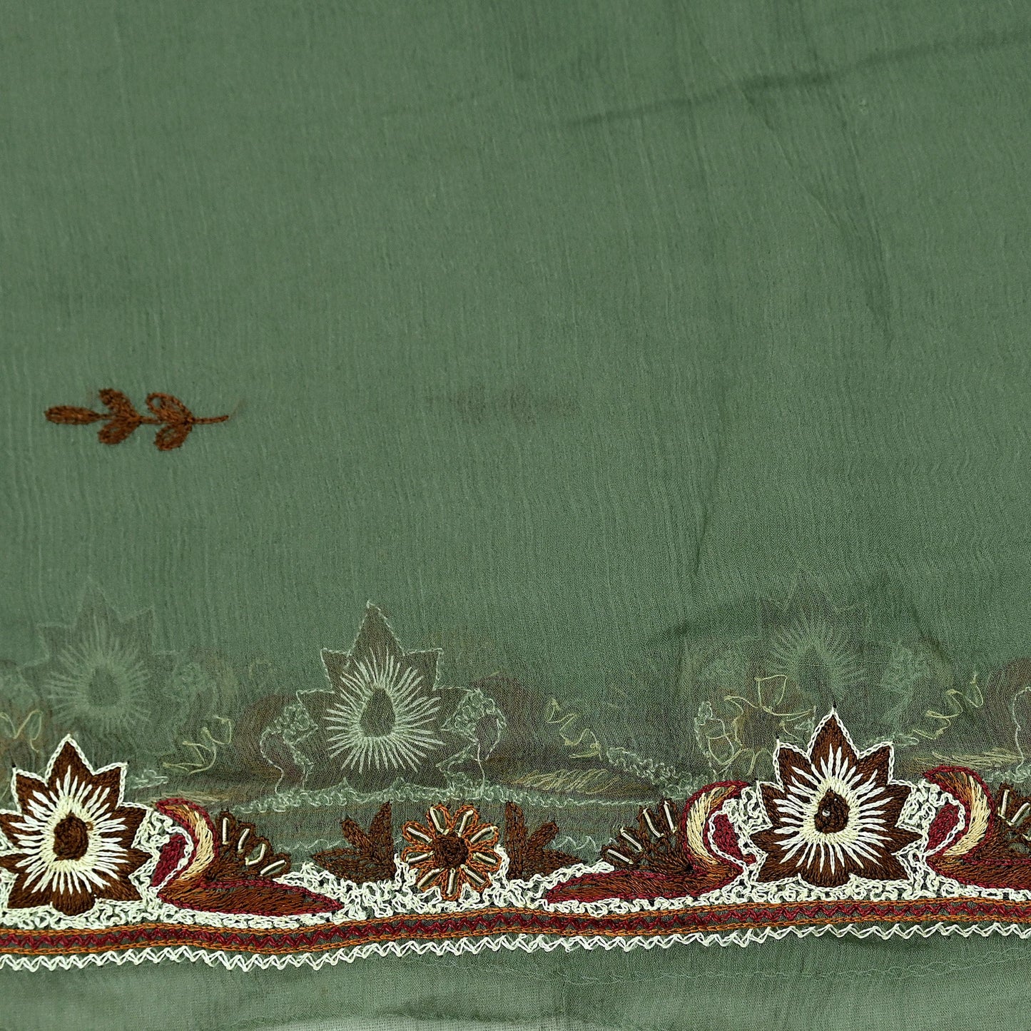 Indian Vintage Green Dupatta Pure Chiffon silk Long Stole Hand Embroidered Scarves Floral Design Stole Veil Wrap