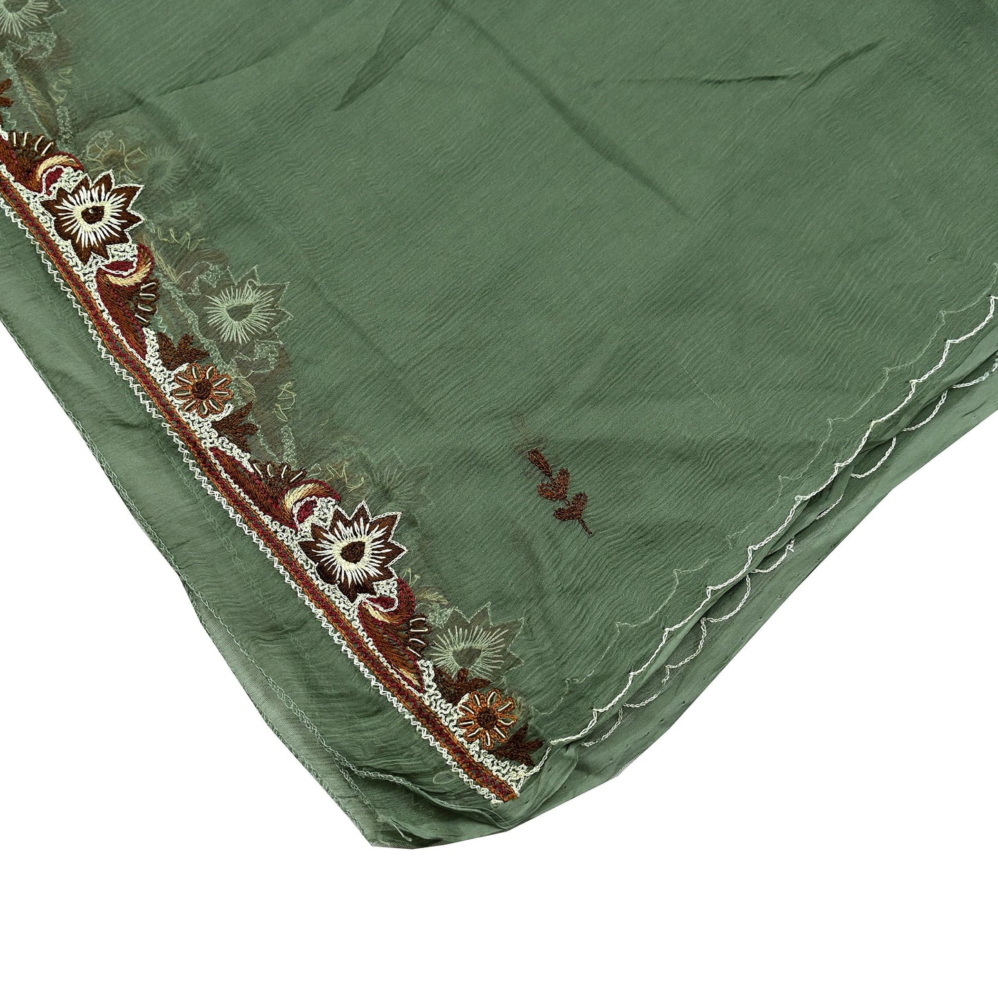 Indian Vintage Green Dupatta Pure Chiffon silk Long Stole Hand Embroidered Scarves Floral Design Stole Veil Wrap