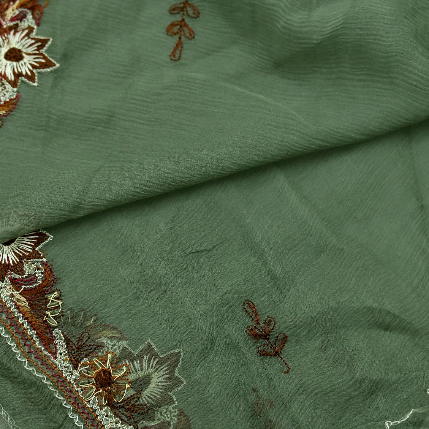 Indian Vintage Green Dupatta Pure Chiffon silk Long Stole Hand Embroidered Scarves Floral Design Stole Veil Wrap