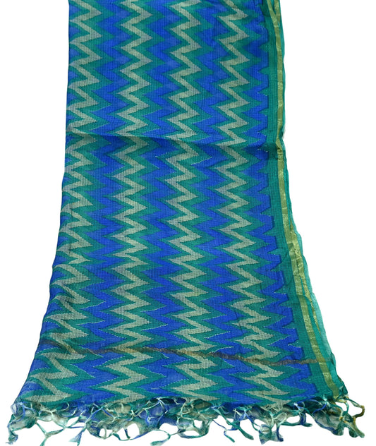 Indian Vintage Green & Blue Dupatta Long Stole Block Print Pure Chanderi Silk Indian Scarves Veil Golden Zari Floral Design For her