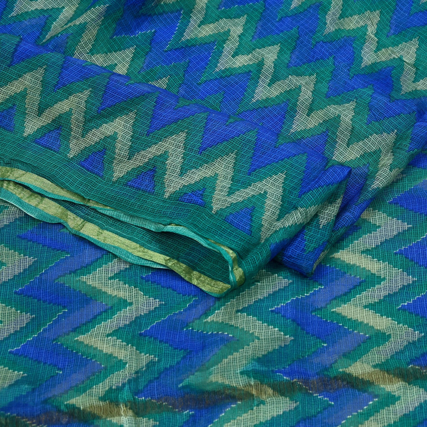 Indian Vintage Green & Blue Dupatta Long Stole Block Print Pure Chanderi Silk Indian Scarves Veil Golden Zari Floral Design For her
