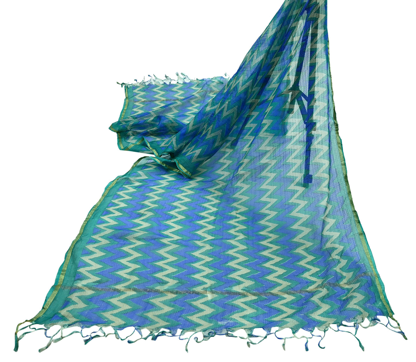 Indian Vintage Green & Blue Dupatta Long Stole Block Print Pure Chanderi Silk Indian Scarves Veil Golden Zari Floral Design For her