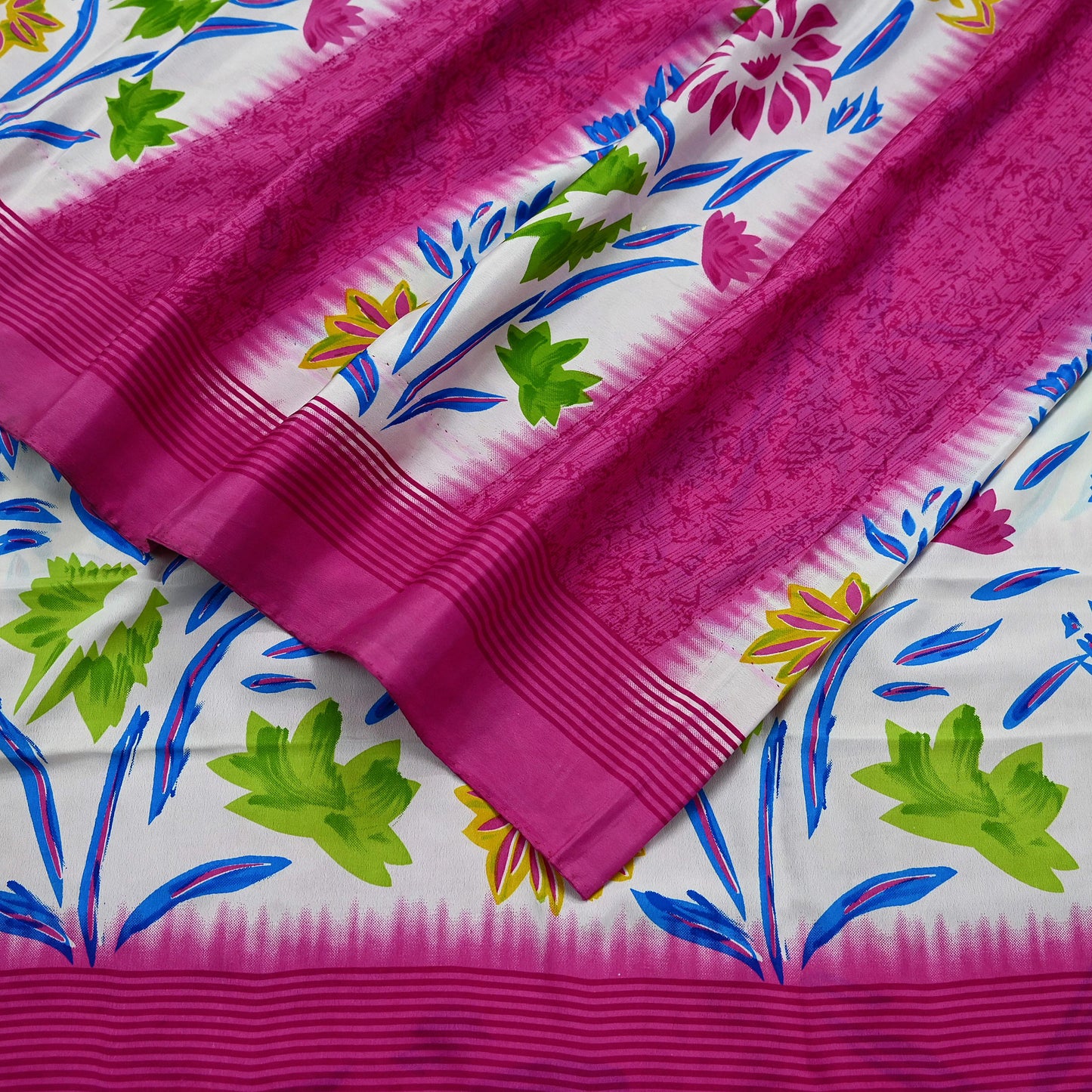 Indian Vintage Sari Ivory & Pink Moss Crepe Printed Sarees 5yd Craft Fabric Sewing Floral Soft Dress making Quilting Crafting Upcycle Used