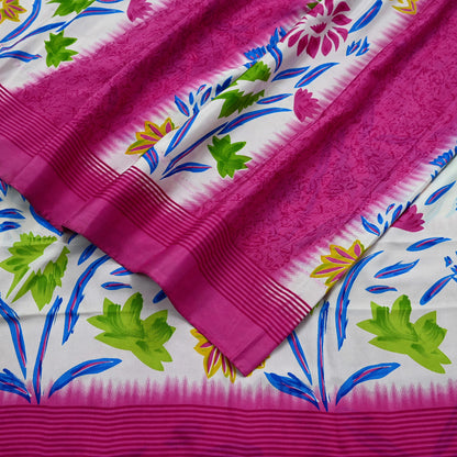 Indian Vintage Sari Ivory & Pink Moss Crepe Printed Sarees 5yd Craft Fabric Sewing Floral Soft Dress making Quilting Crafting Upcycle Used