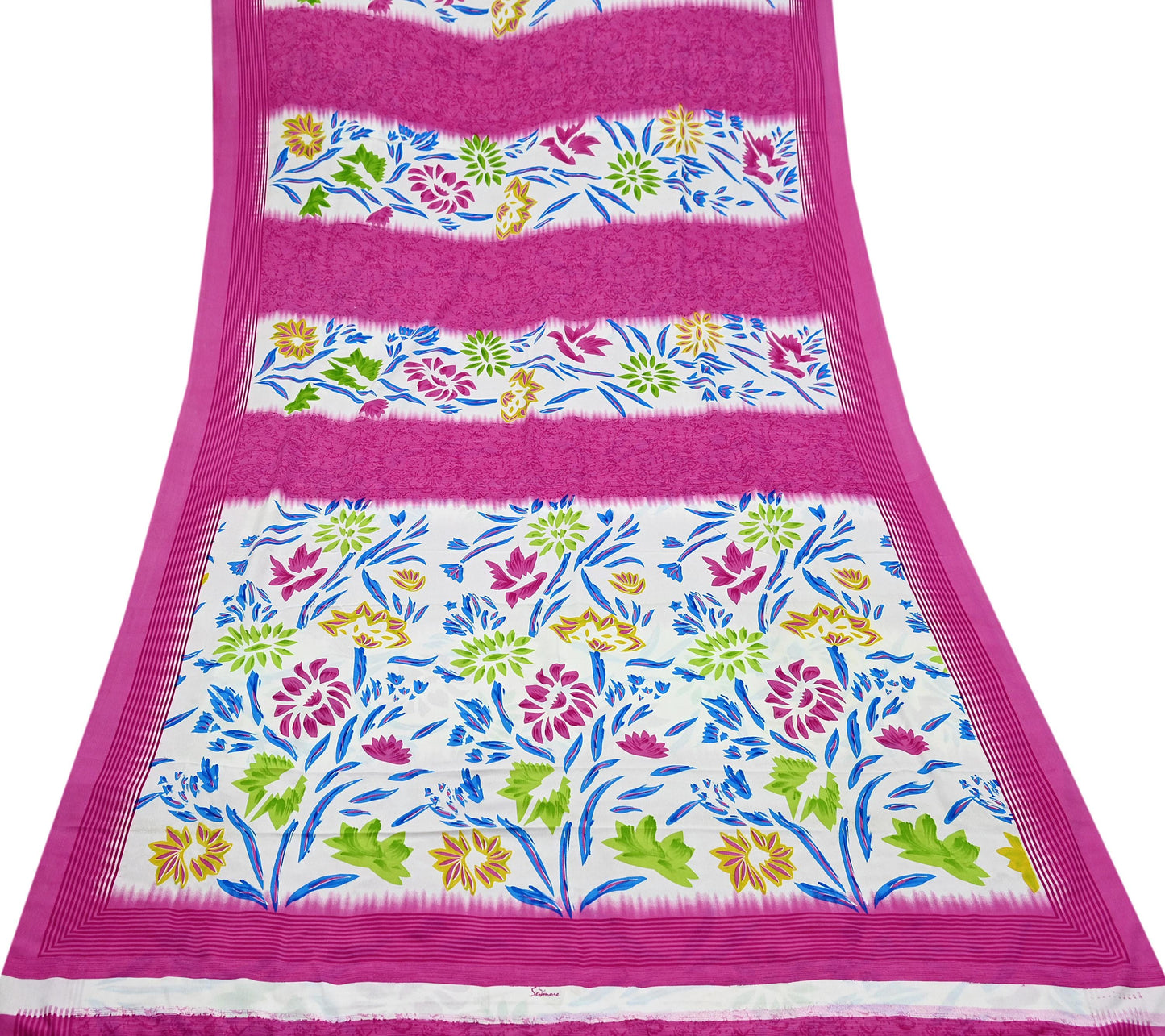 Indian Vintage Sari Ivory & Pink Moss Crepe Printed Sarees 5yd Craft Fabric Sewing Floral Soft Dress making Quilting Crafting Upcycle Used
