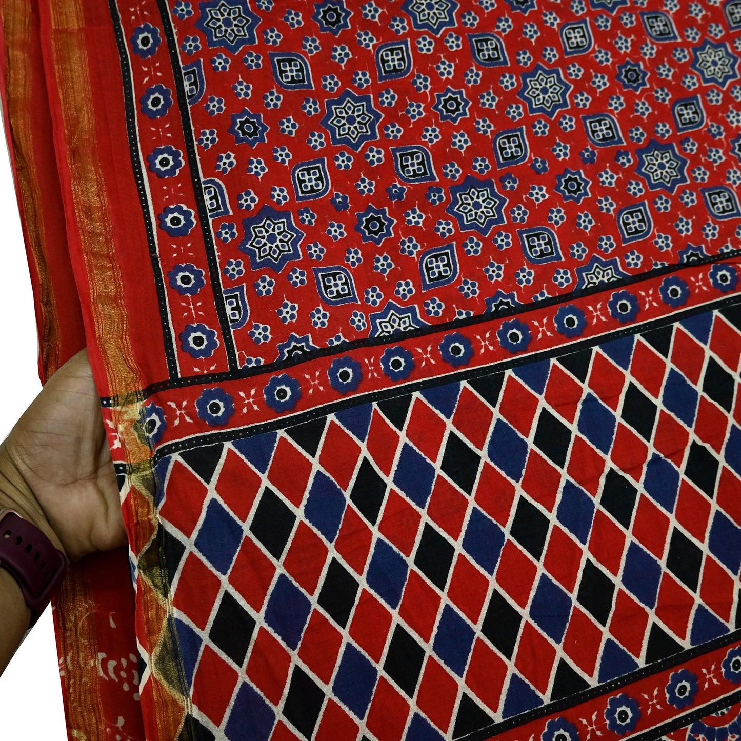 Indian Vintage Sari Red Block Printed Pure Cotton Saree Craft Fabric 6Yd Sewing Sarong Wrap Boho Floral Crafting Upcycle Quilting Zari