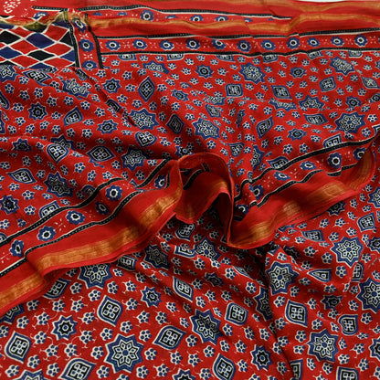 Indian Vintage Sari Red Block Printed Pure Cotton Saree Craft Fabric 6Yd Sewing Sarong Wrap Boho Floral Crafting Upcycle Quilting Zari