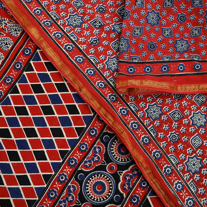 Indian Vintage Sari Red Block Printed Pure Cotton Saree Craft Fabric 6Yd Sewing Sarong Wrap Boho Floral Crafting Upcycle Quilting Zari