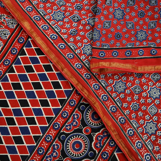 Indian Vintage Sari Red Block Printed Pure Cotton Saree Craft Fabric 6Yd Sewing Sarong Wrap Boho Floral Crafting Upcycle Quilting Zari