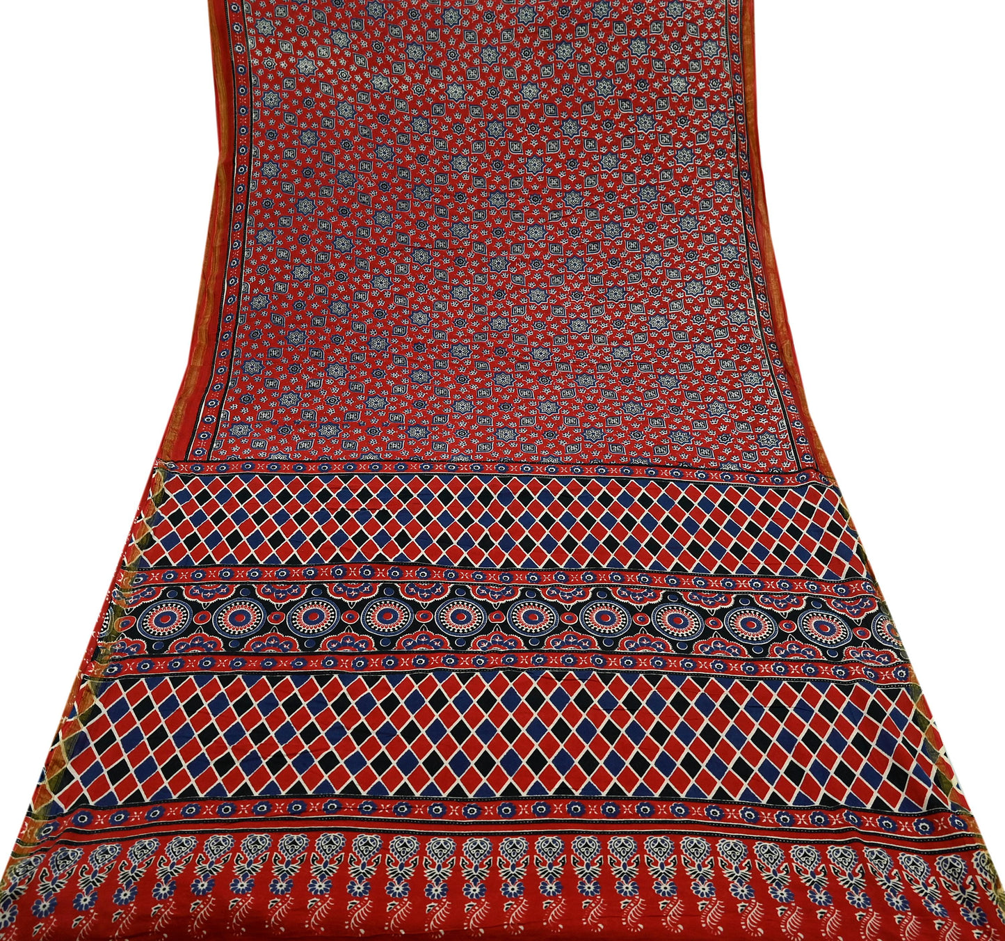 Indian Vintage Sari Red Block Printed Pure Cotton Saree Craft Fabric 6Yd Sewing Sarong Wrap Boho Floral Crafting Upcycle Quilting Zari