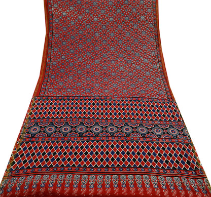 Indian Vintage Sari Red Block Printed Pure Cotton Saree Craft Fabric 6Yd Sewing Sarong Wrap Boho Floral Crafting Upcycle Quilting Zari
