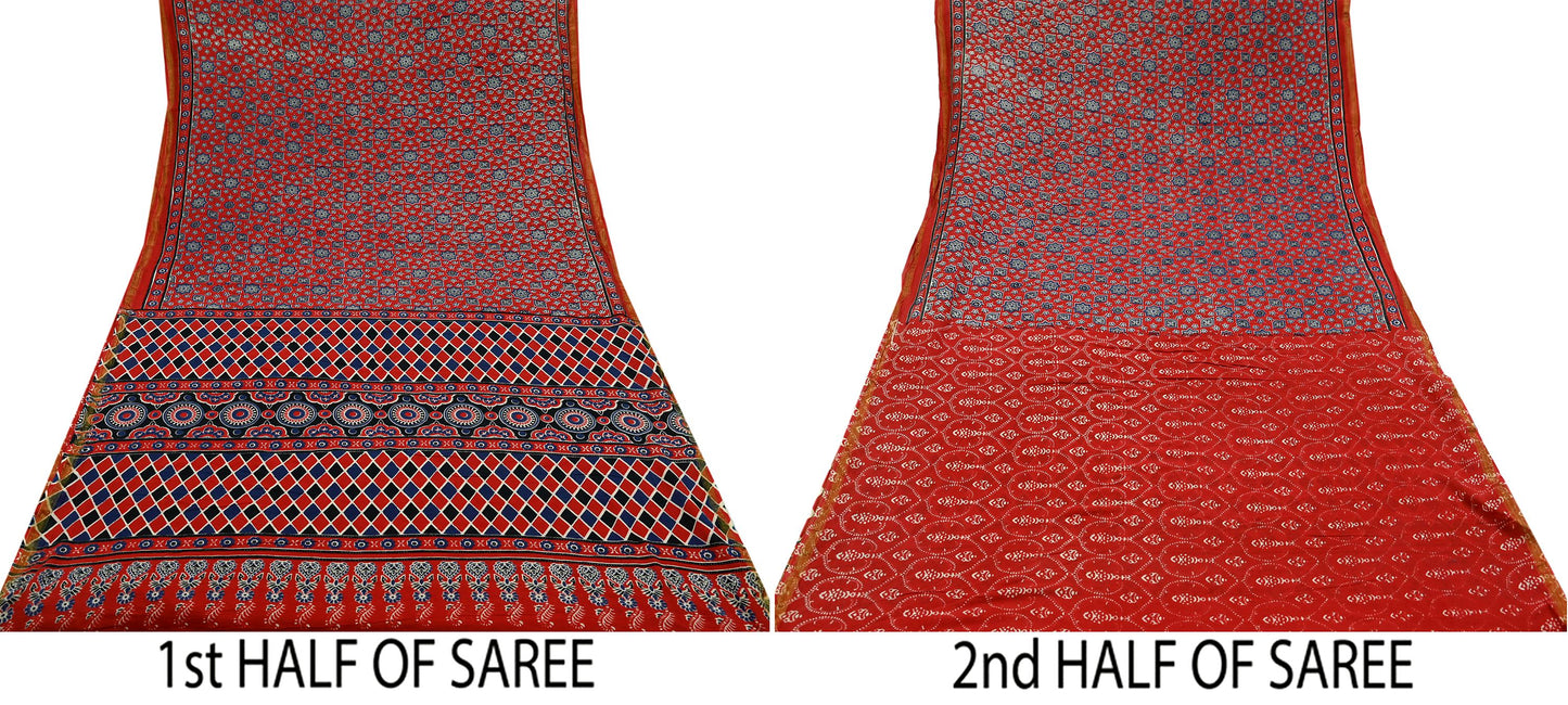 Indian Vintage Sari Red Block Printed Pure Cotton Saree Craft Fabric 6Yd Sewing Sarong Wrap Boho Floral Crafting Upcycle Quilting Zari