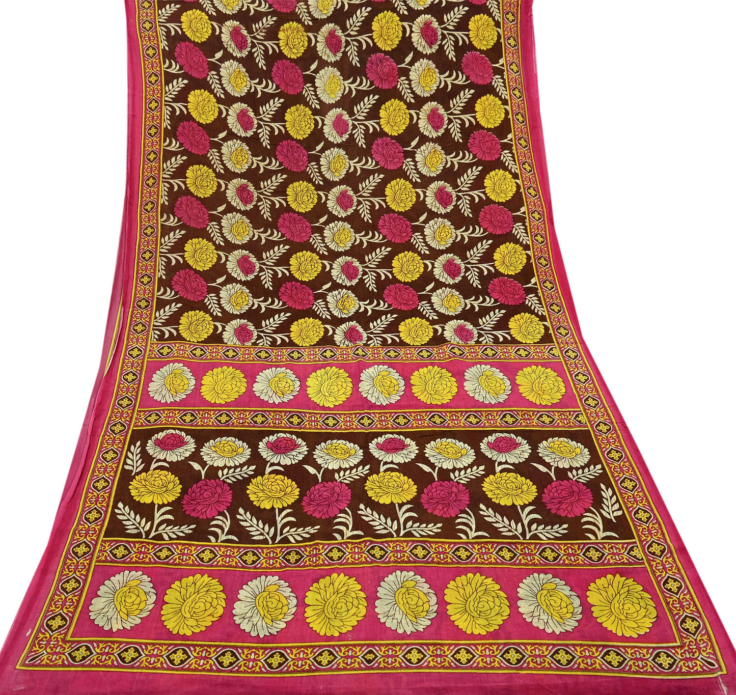 Indian Vintage Sari Brown & Pink Printed Saree Pure Cotton Craft Fabric Soft 5Yd Sewing Sarong Wrap Boho Floral Dress Making Quilting