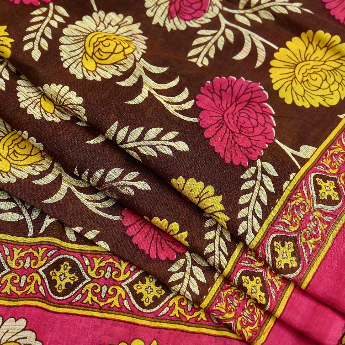 Indian Vintage Sari Brown & Pink Printed Saree Pure Cotton Craft Fabric Soft 5Yd Sewing Sarong Wrap Boho Floral Dress Making Quilting