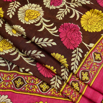 Indian Vintage Sari Brown & Pink Printed Saree Pure Cotton Craft Fabric Soft 5Yd Sewing Sarong Wrap Boho Floral Dress Making Quilting