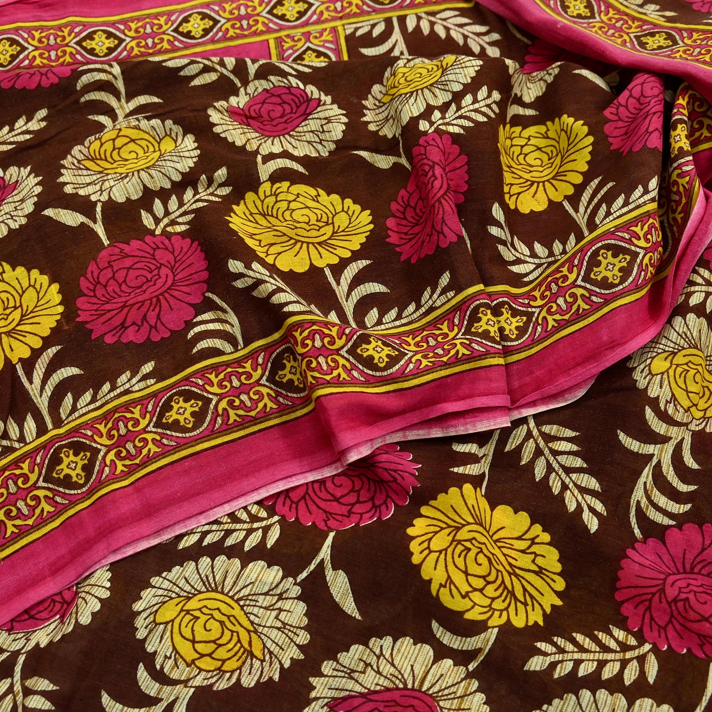 Indian Vintage Sari Brown & Pink Printed Saree Pure Cotton Craft Fabric Soft 5Yd Sewing Sarong Wrap Boho Floral Dress Making Quilting