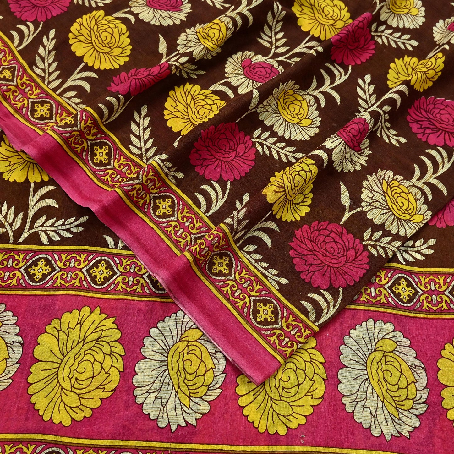 Indian Vintage Sari Brown & Pink Printed Saree Pure Cotton Craft Fabric Soft 5Yd Sewing Sarong Wrap Boho Floral Dress Making Quilting