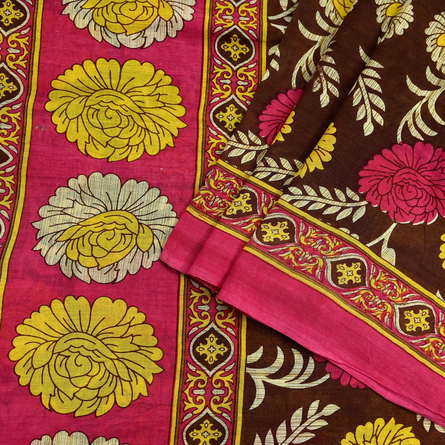 Indian Vintage Sari Brown & Pink Printed Saree Pure Cotton Craft Fabric Soft 5Yd Sewing Sarong Wrap Boho Floral Dress Making Quilting