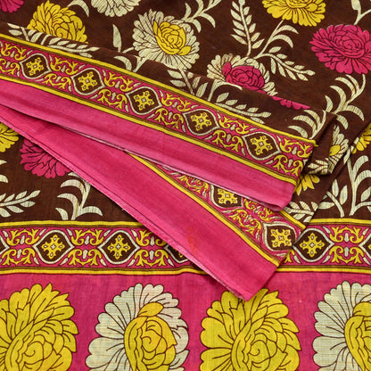 Indian Vintage Sari Brown & Pink Printed Saree Pure Cotton Craft Fabric Soft 5Yd Sewing Sarong Wrap Boho Floral Dress Making Quilting