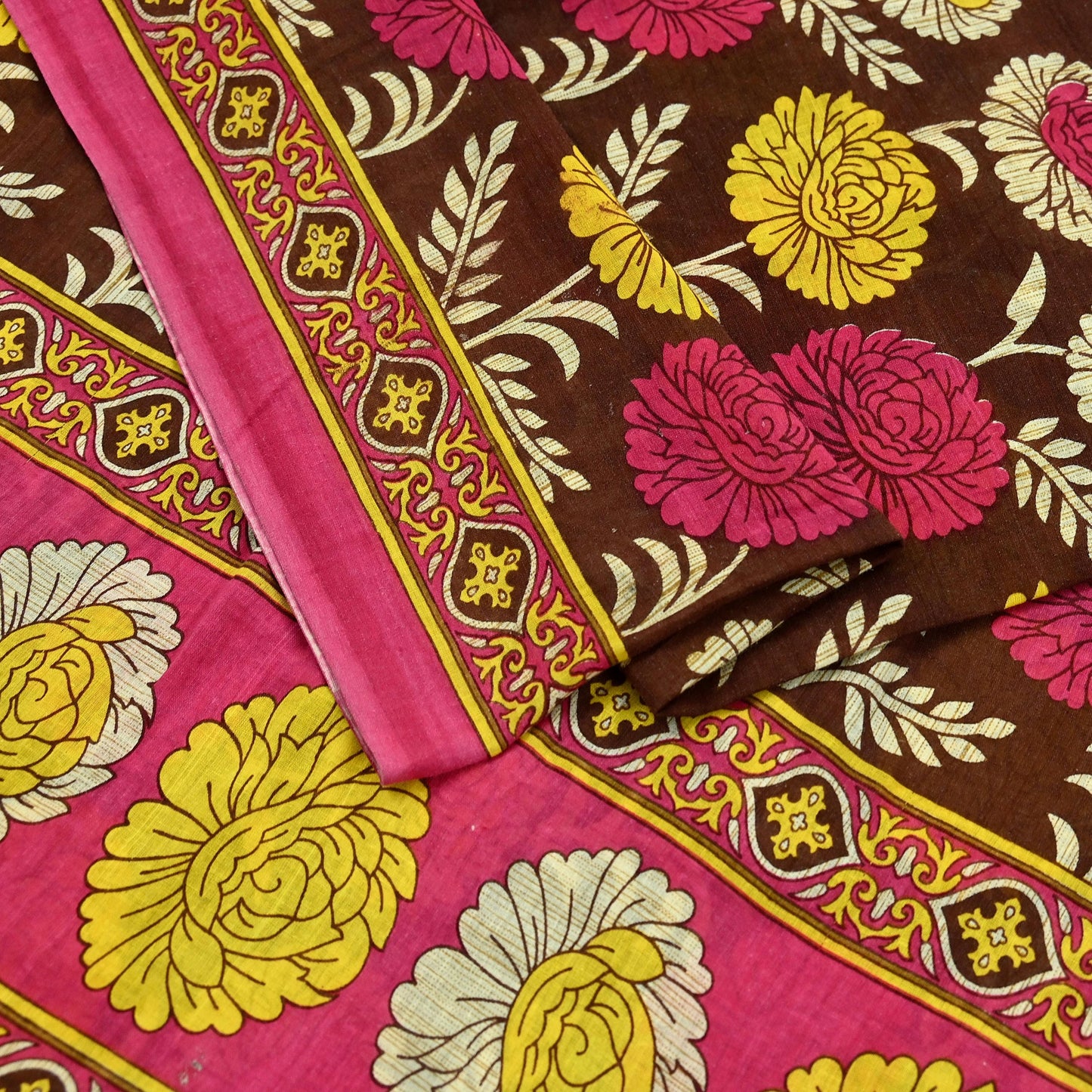 Indian Vintage Sari Brown & Pink Printed Saree Pure Cotton Craft Fabric Soft 5Yd Sewing Sarong Wrap Boho Floral Dress Making Quilting