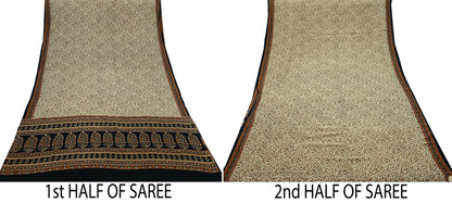 Indian Vintage Beige & Black Saree Pure Crepe Silk Printed Sari Craft Fabric 5yd Sewing Floral Soft Wrap Dress making Crafting Quilting