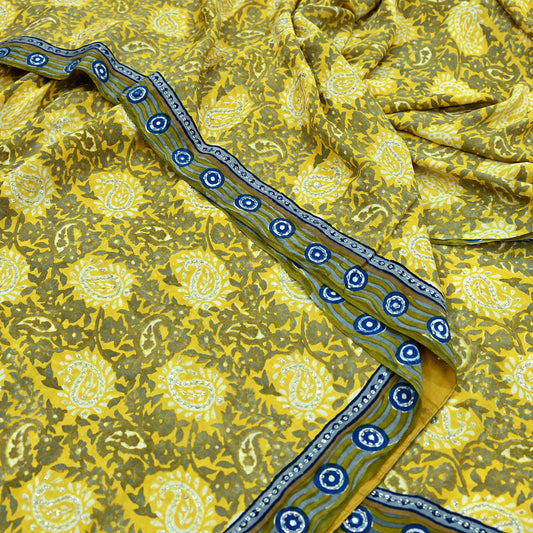 Indian Vintage Sari Gray & Yellow Pure Crepe Silk Hand Embroidered Saree 6yd Sewing Floral Craft Sequins Dress making Crafting Quilting