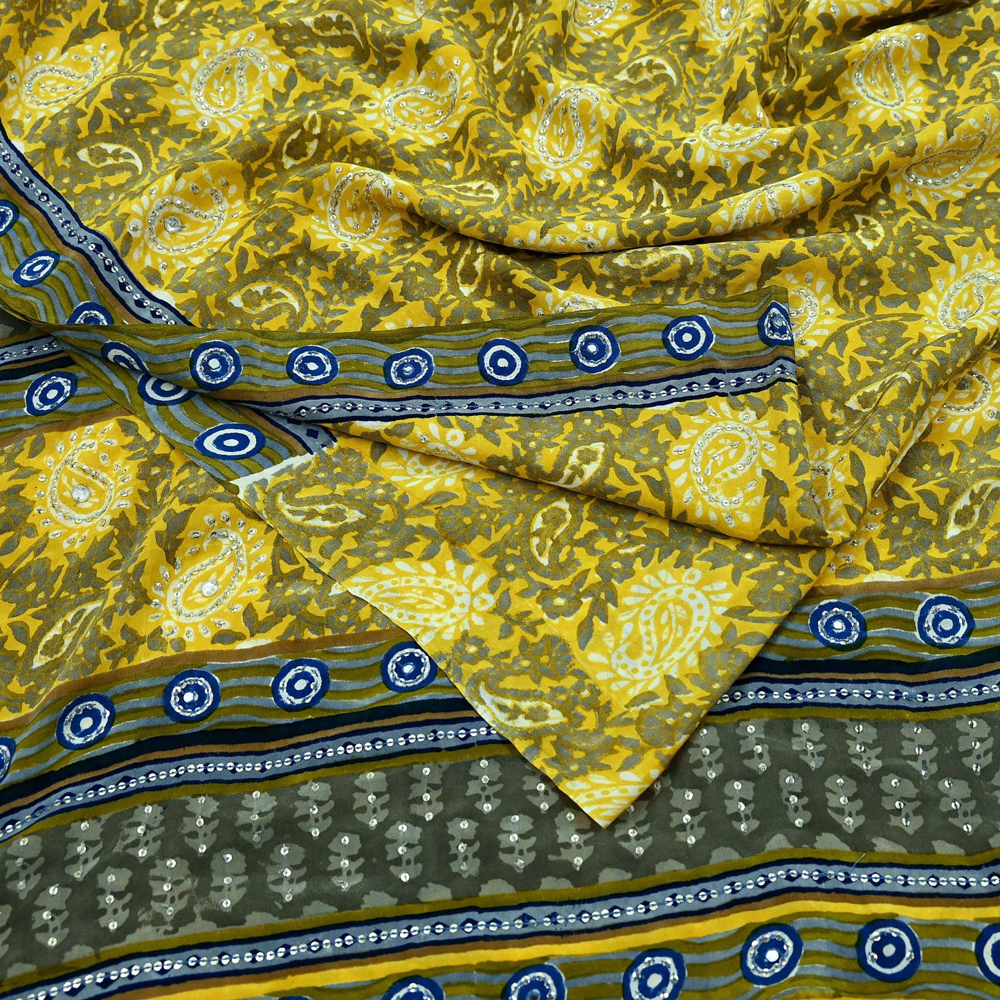 Indian Vintage Sari Gray & Yellow Pure Crepe Silk Hand Embroidered Saree 6yd Sewing Floral Craft Sequins Dress making Crafting Quilting