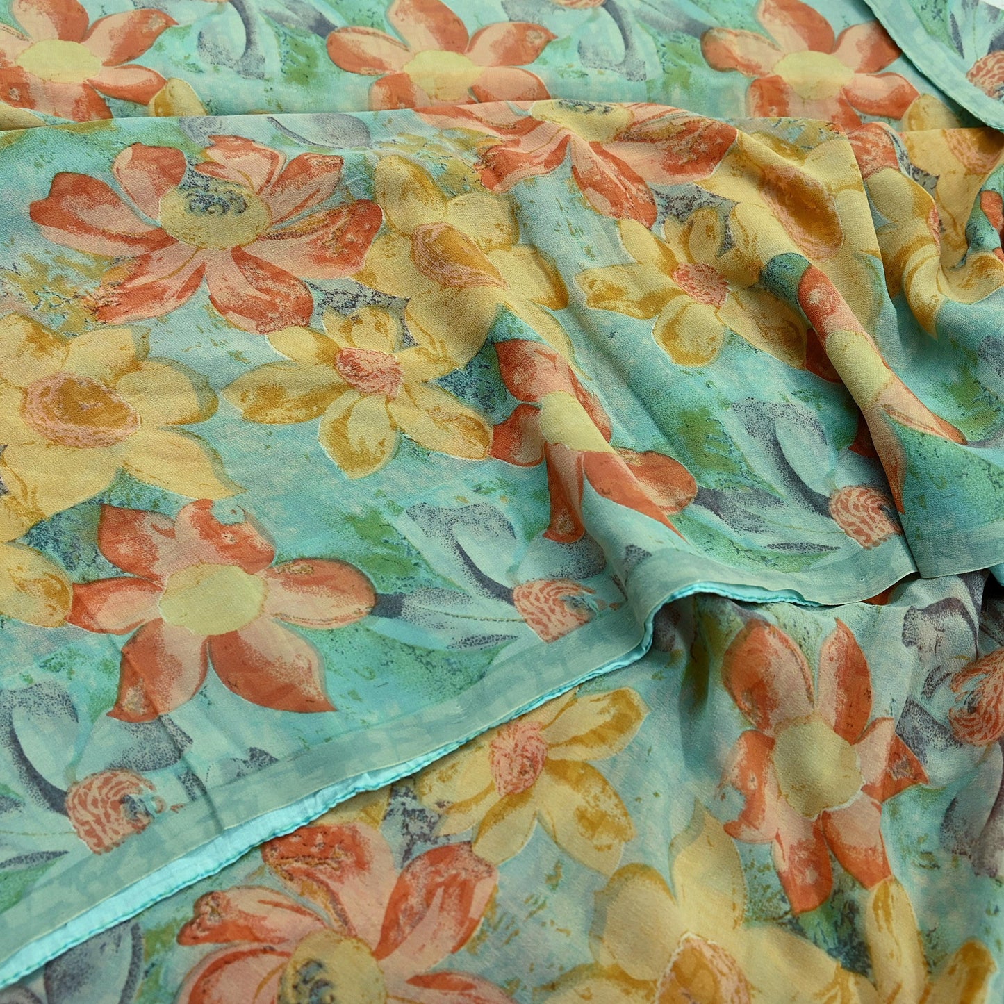 Indian Vintage Sari Green Pure Georgette Silk Printed Sarees Craft Fabric Sewing 6Yd Soft Sari Dress Making Crafting Quilting Upcycle