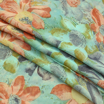 Indian Vintage Sari Green Pure Georgette Silk Printed Sarees Craft Fabric Sewing 6Yd Soft Sari Dress Making Crafting Quilting Upcycle