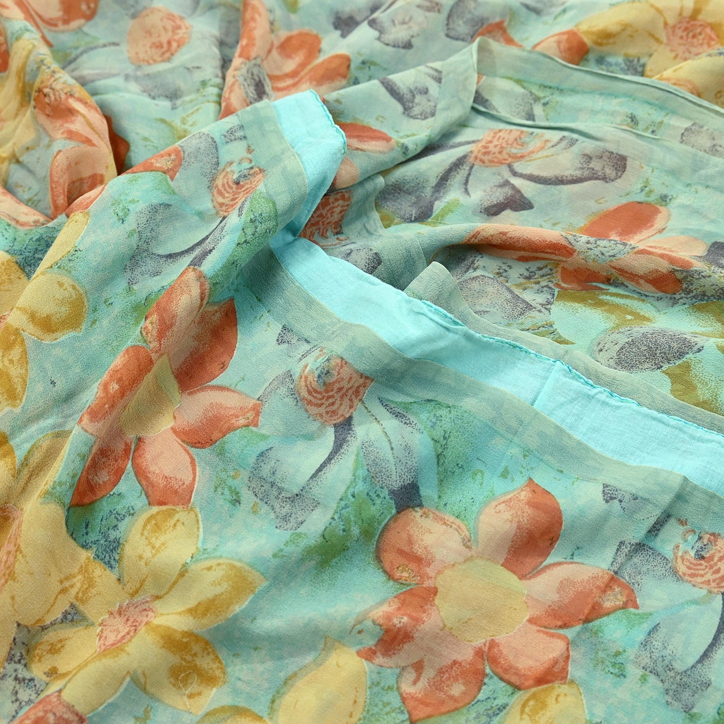 Indian Vintage Sari Green Pure Georgette Silk Printed Sarees Craft Fabric Sewing 6Yd Soft Sari Dress Making Crafting Quilting Upcycle