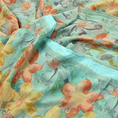 Indian Vintage Sari Green Pure Georgette Silk Printed Sarees Craft Fabric Sewing 6Yd Soft Sari Dress Making Crafting Quilting Upcycle