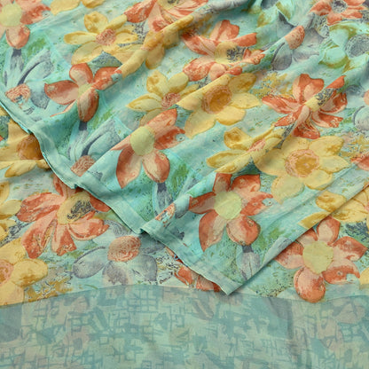 Indian Vintage Sari Green Pure Georgette Silk Printed Sarees Craft Fabric Sewing 6Yd Soft Sari Dress Making Crafting Quilting Upcycle