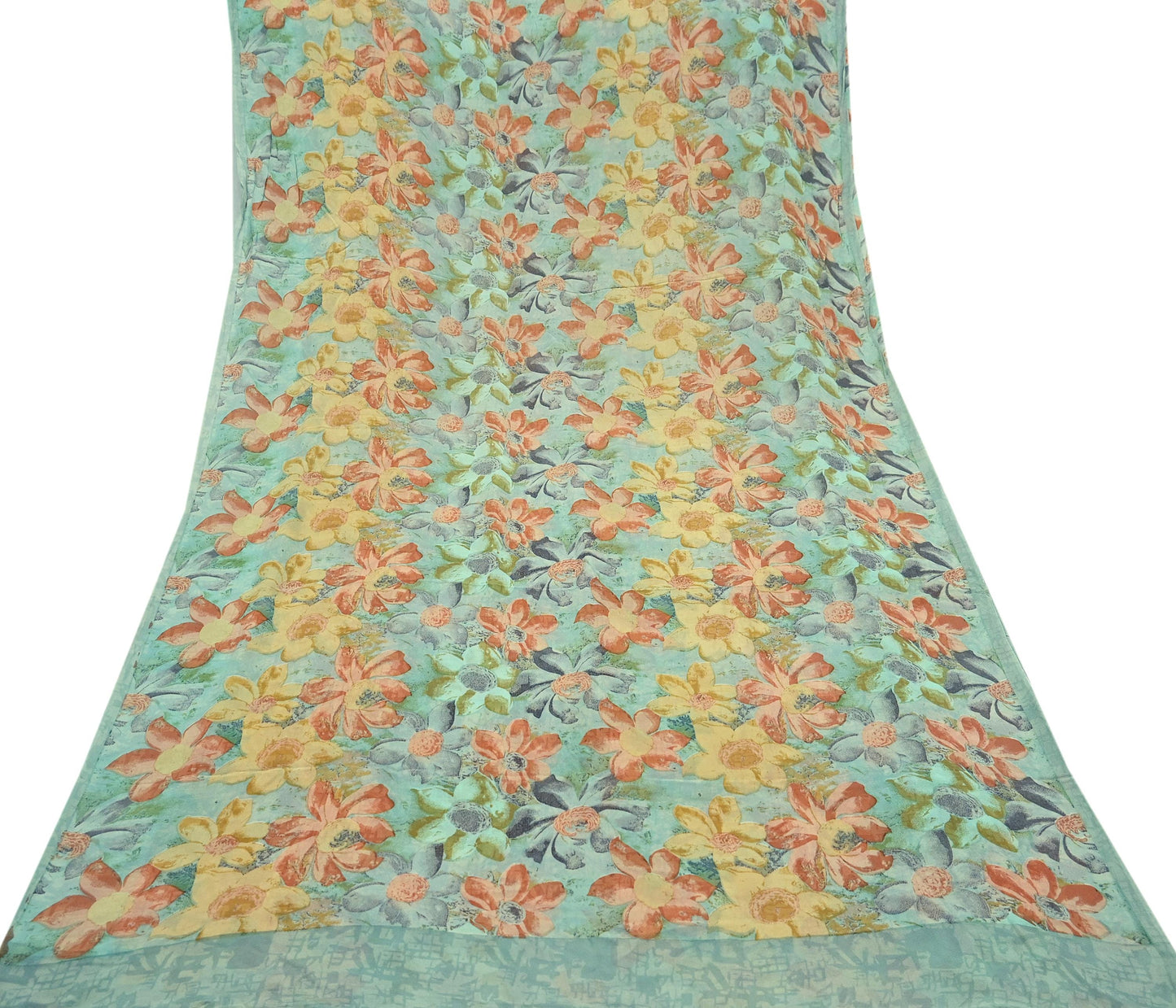 Indian Vintage Sari Green Pure Georgette Silk Printed Sarees Craft Fabric Sewing 6Yd Soft Sari Dress Making Crafting Quilting Upcycle