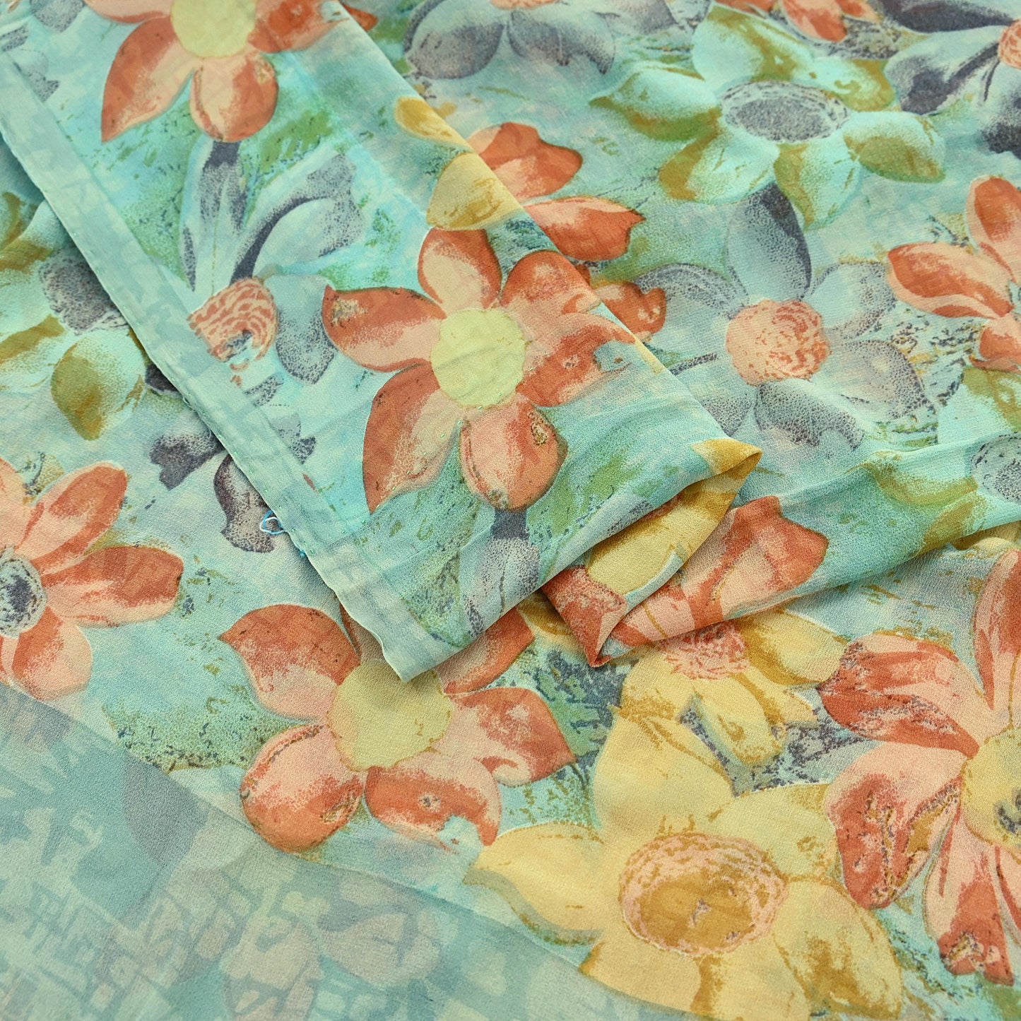 Indian Vintage Sari Green Pure Georgette Silk Printed Sarees Craft Fabric Sewing 6Yd Soft Sari Dress Making Crafting Quilting Upcycle