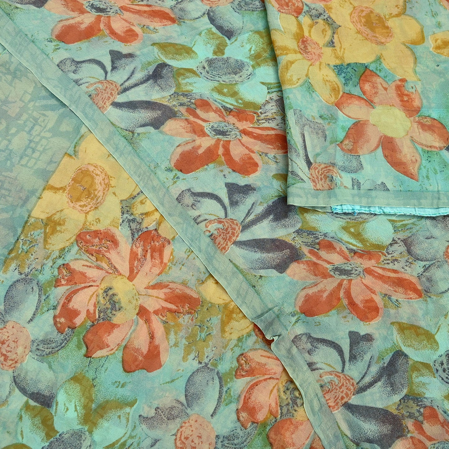 Indian Vintage Sari Green Pure Georgette Silk Printed Sarees Craft Fabric Sewing 6Yd Soft Sari Dress Making Crafting Quilting Upcycle